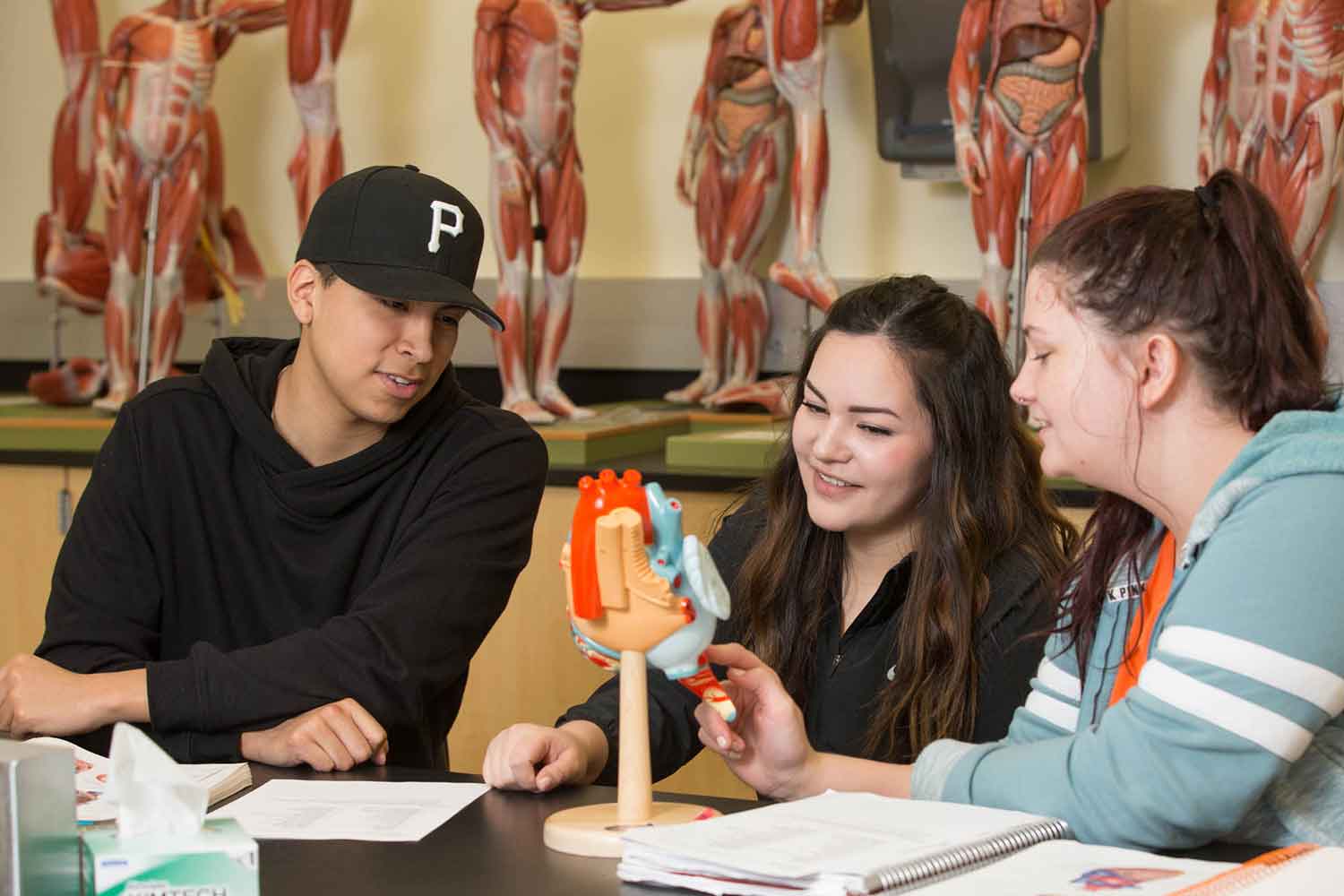 Three biology students working together